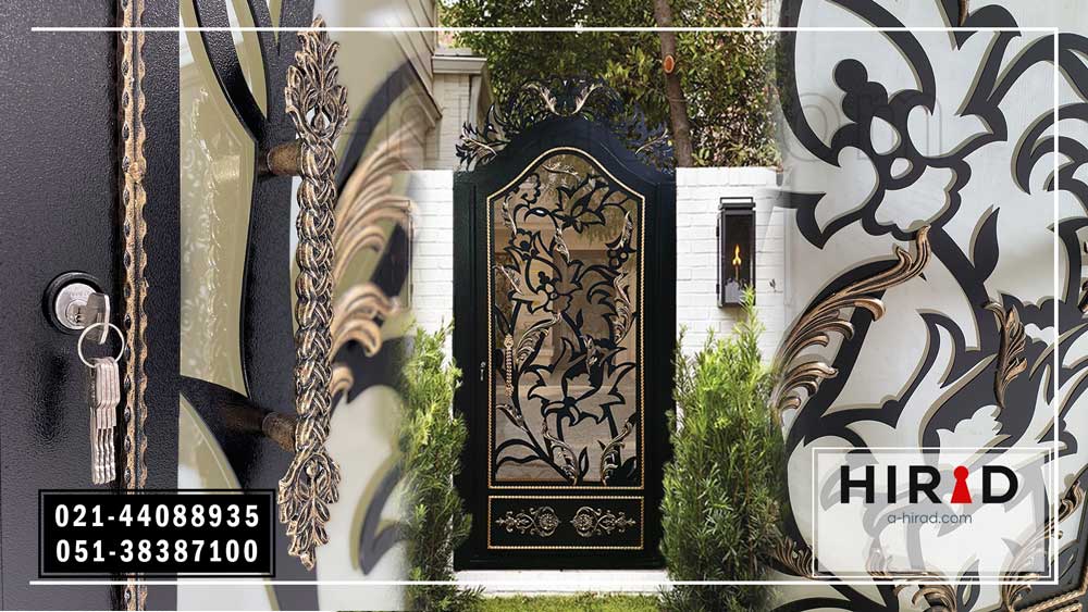 درب فلزی طرح اطلس ترکیب شده با فرفورژه طلایی با رنگ آمیزی پتینه