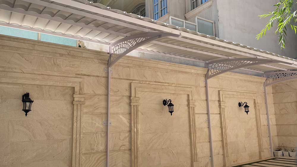 سایبان ماشین یک طرفه بدون پایه مزاحم نصب شده روی دیوار با نمای سنگ