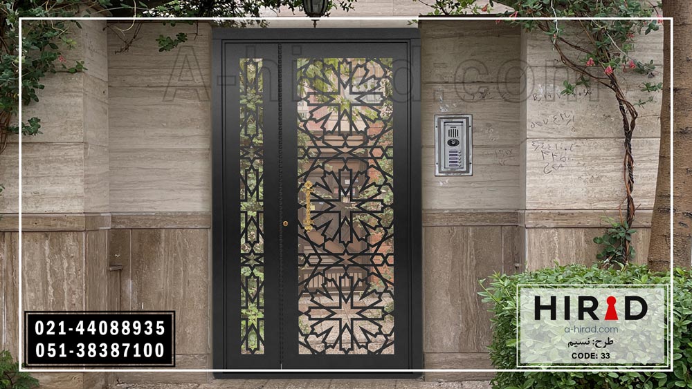 درب مناسب برای ورودی مسجد و نمازخانه یک و نیم لنگه تجهیز شده به شیشه سکوریت نشکن و قفل برقی کد 1533 هیراد