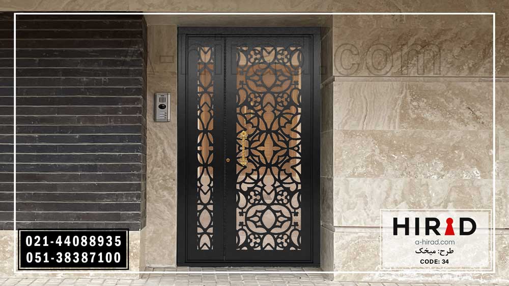 درب یک و نیم لنگه فلزی لیزری مناسب برای ورودی ساختمان و هتل همراه با لولای فولادی سه سانتی متری