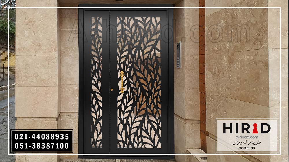 درب یک و نیم لنگه فلزی لیزری با لولای سه سانتی متری مستحکم و ضد دیلم طرح برگریزان هیراد