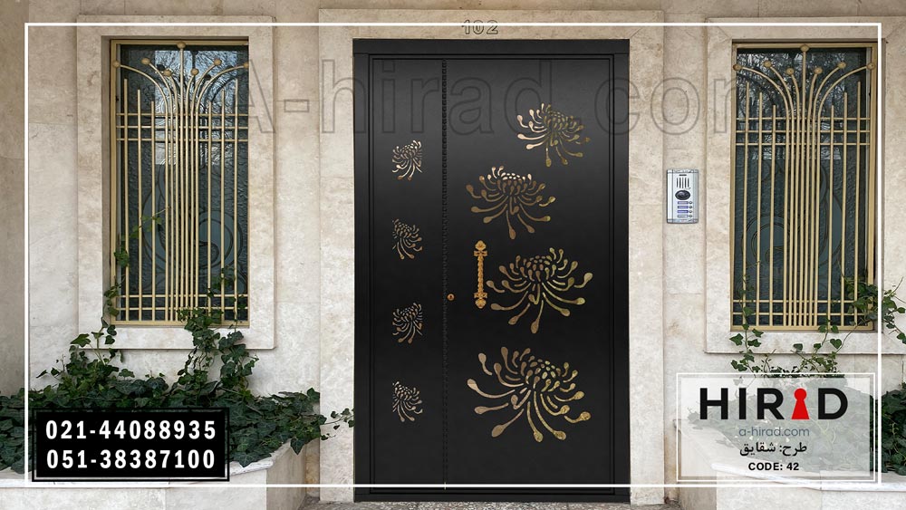 درب یک و نیم لنگه مخصوص ورودی نفر رو ساختمان و حیاط با طراحی زیبا و رنگ کوره ای کد 1542 هیراد